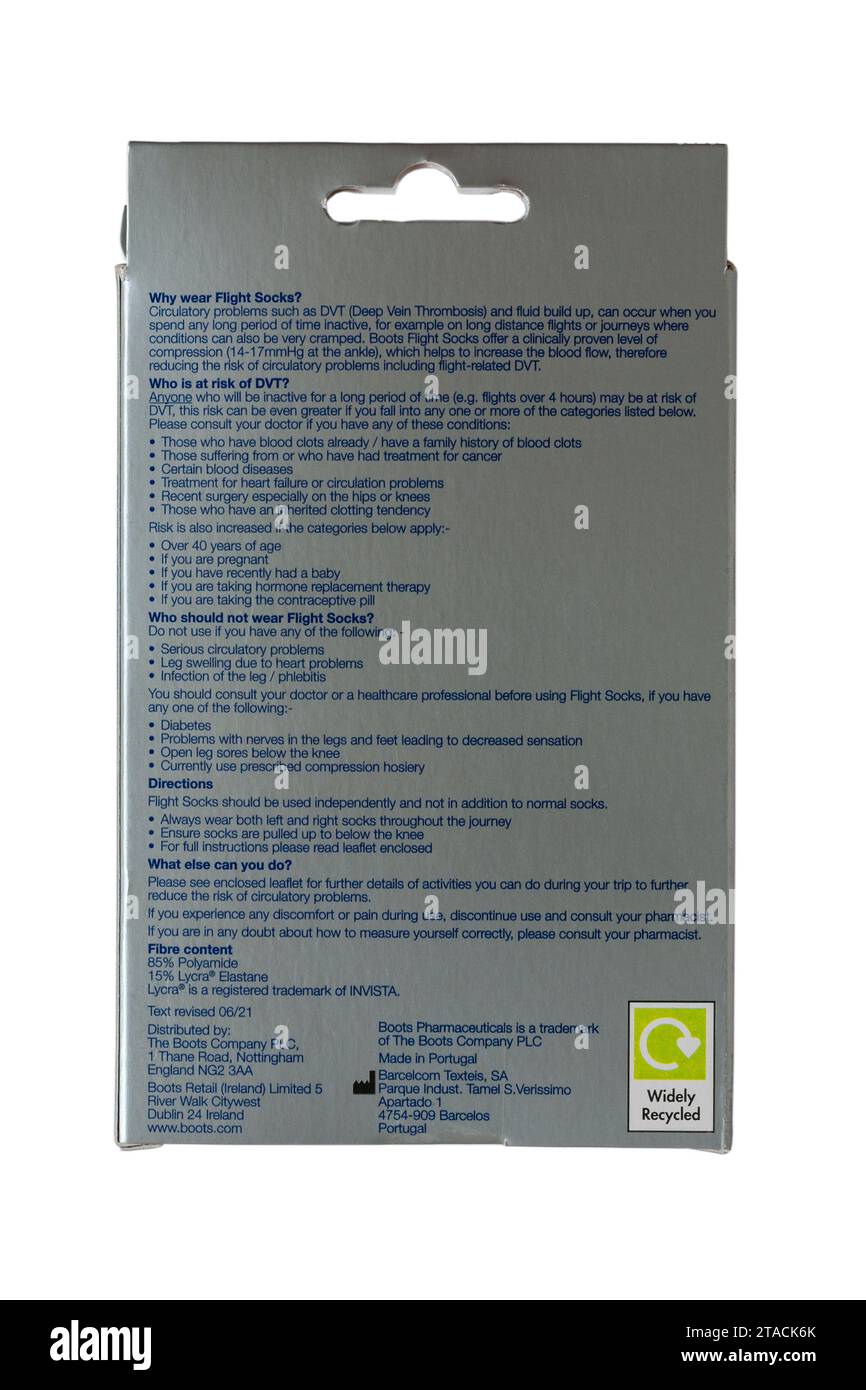 information on back of box of Flight socks from Boots Pharmaceuticals isolated on white background Stock Photo