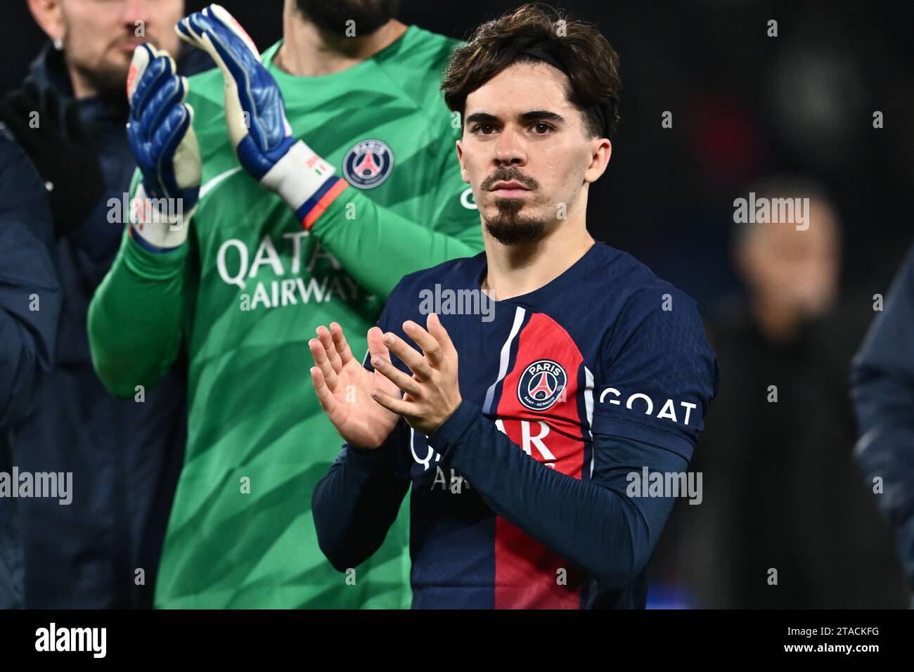 PARIS, FRANCE - NOVEMBER 28: Vitinha of PSG applauds fans during the UEFA Champions League match between Paris Saint-Germain and Newcastle United FC a Stock Photo