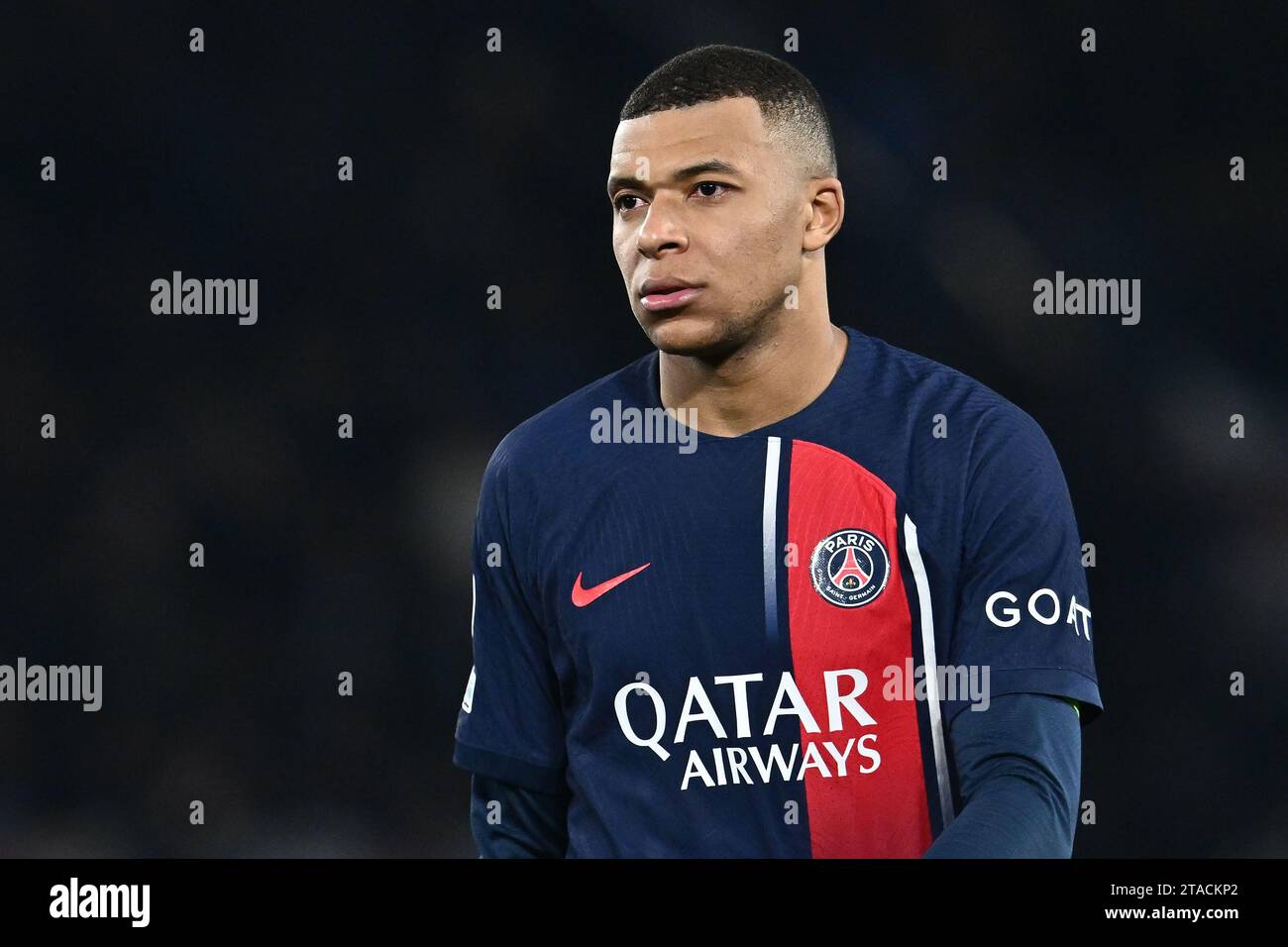 PARIS, FRANCE - NOVEMBER 28: Kylian Mbappe of PSG looks  on during the UEFA Champions League match between Paris Saint-Germain and Newcastle United FC Stock Photo