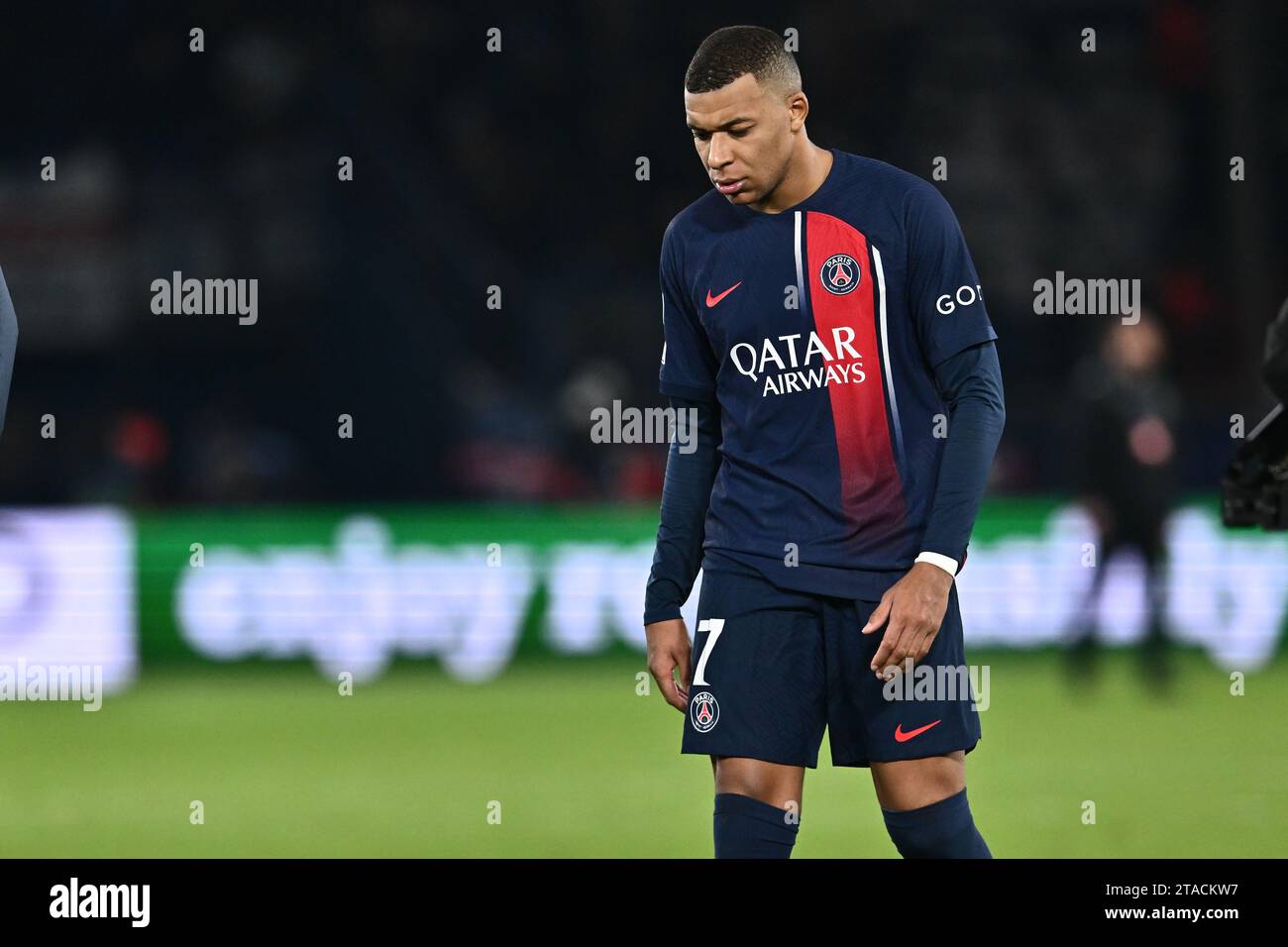 PARIS, FRANCE - NOVEMBER 28: Kylian Mbappe of PSG looks down during the UEFA Champions League match between Paris Saint-Germain and Newcastle United F Stock Photo