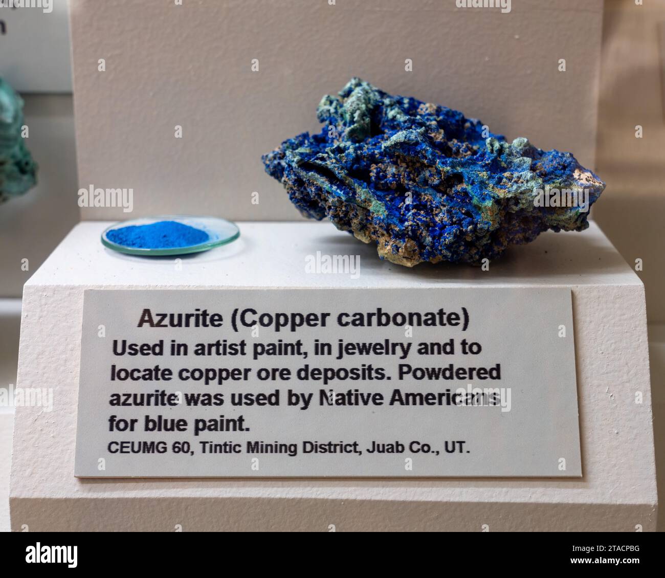 Azurite, copper carbonate, in the mineral collection in the USU Eastern Prehistoric Museum, Price, Utah. Stock Photo