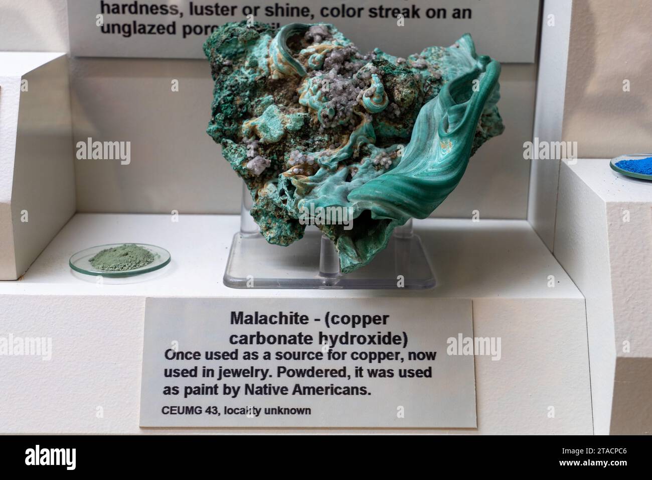 Malachite, copper carbonate hydroxide, in the mineral collection in the USU Eastern Prehistoric Museum, Price, Utah. Stock Photo