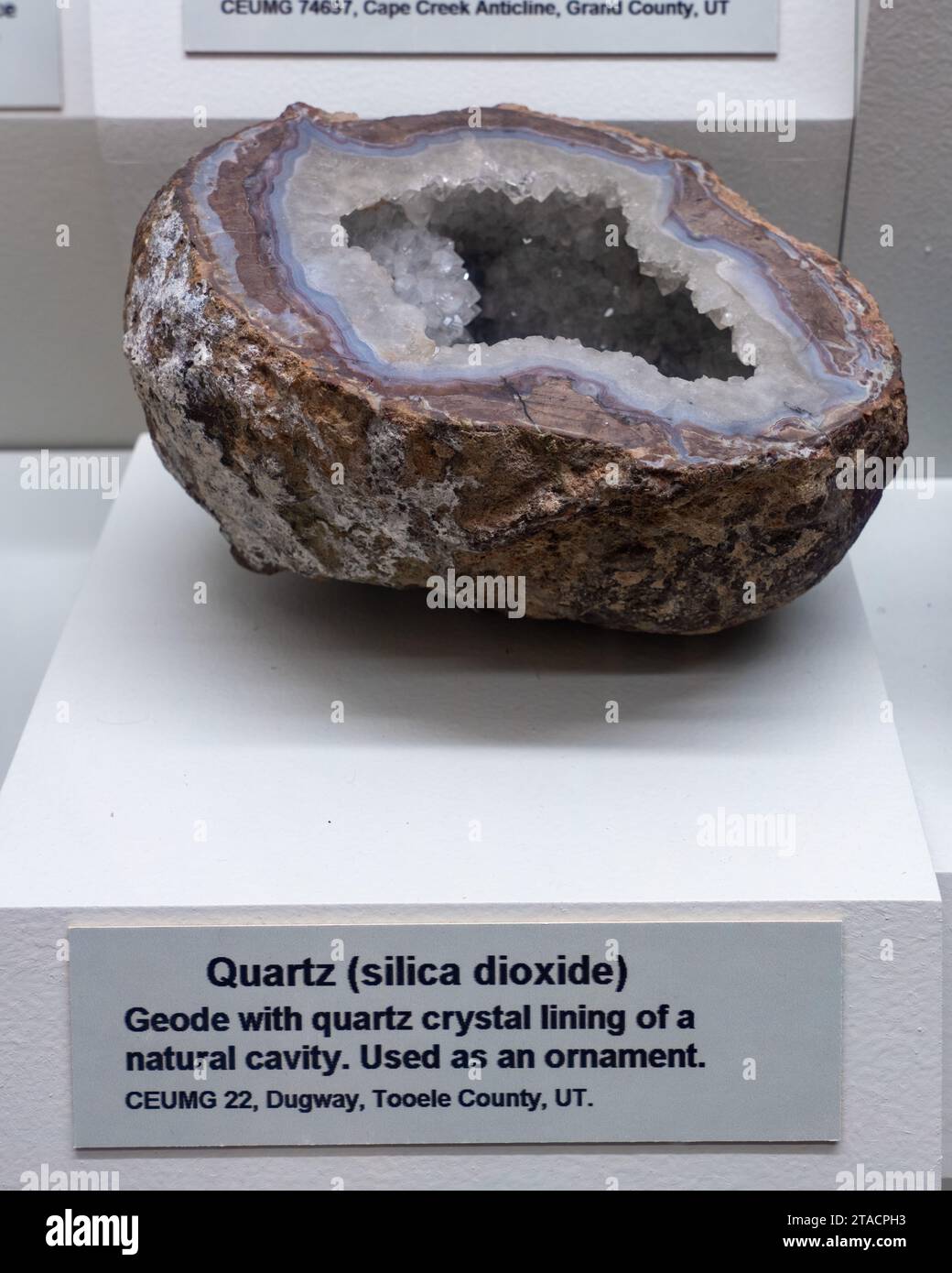 Geode with quartz cystal lining in the mineral collection in the USU Eastern Prehistoric Museum, Price, Utah. Stock Photo