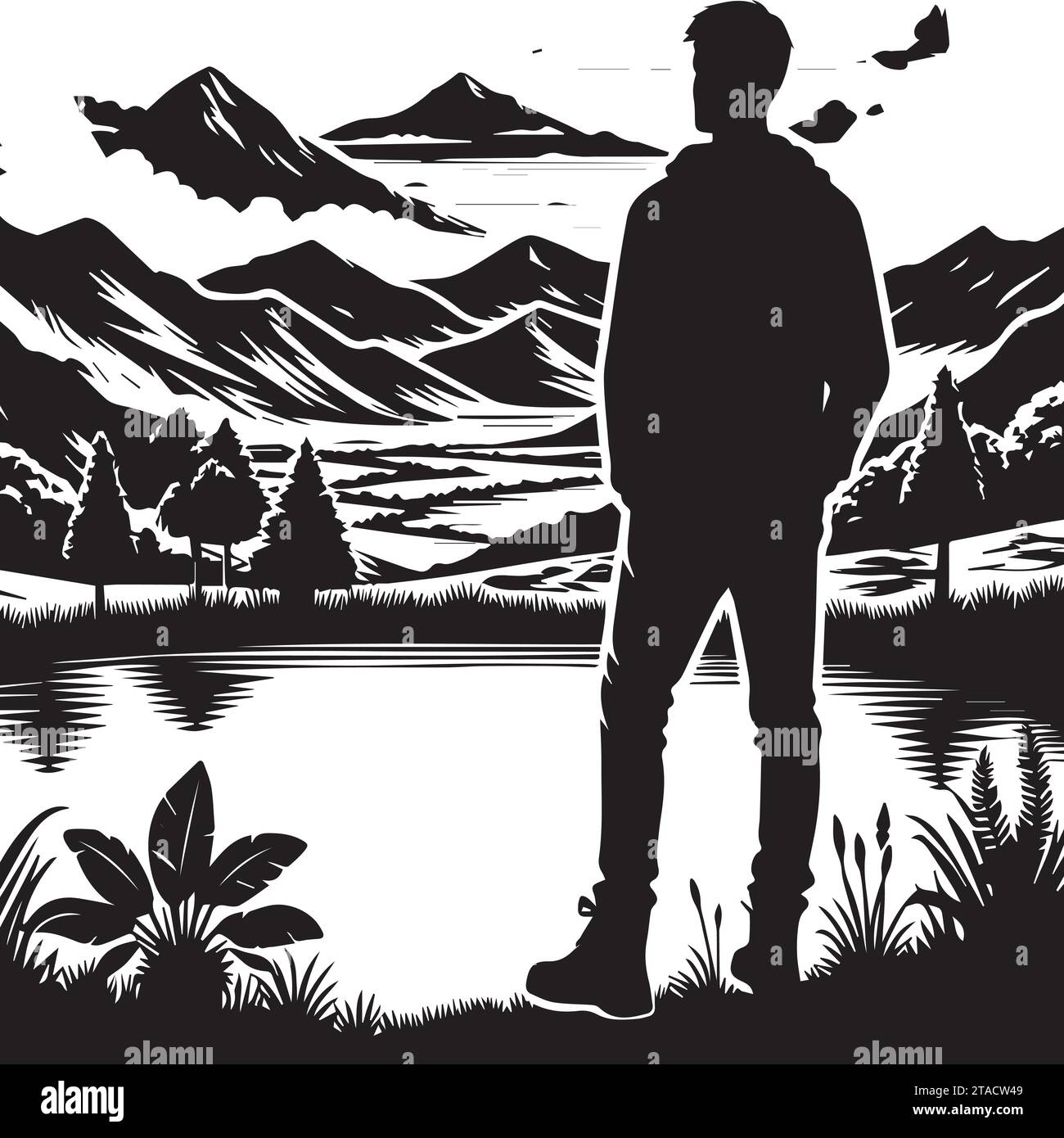Simple hand-drawn vector drawing in black outline. Lake shore, reeds,  stones in the water, bumps, swamp. Nature, landscape, duck hunting, fishing.  Ink sketch. Stock Vector