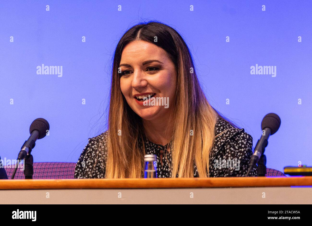 Edinburgh, United Kingdom. 30 November, 2023 Pictured: Lynn Anderson, Living Wage Scotland in a panel discussion on sharing the opportunity. The think tank, Our Scottish Future, set up by former Prime Minister Gordon Brown, holds a conference entitled Better Jobs, Better Skills, Better Pay at the EICC in Edinburgh. Credit: Rich Dyson/Alamy Live News Stock Photo