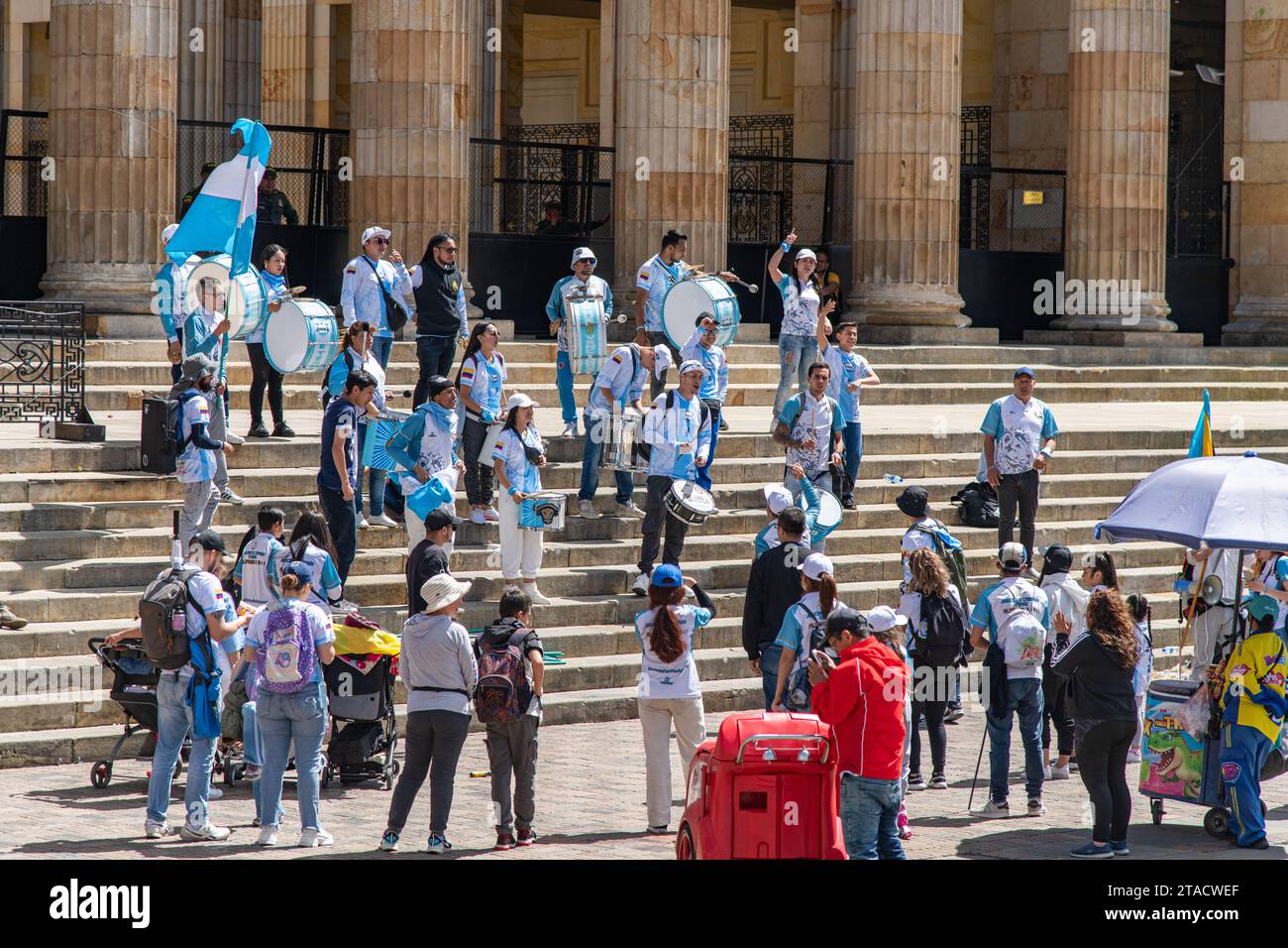 People in a band playing music at Plaza de Bolívar in Bogotá, Colombia Stock Photo