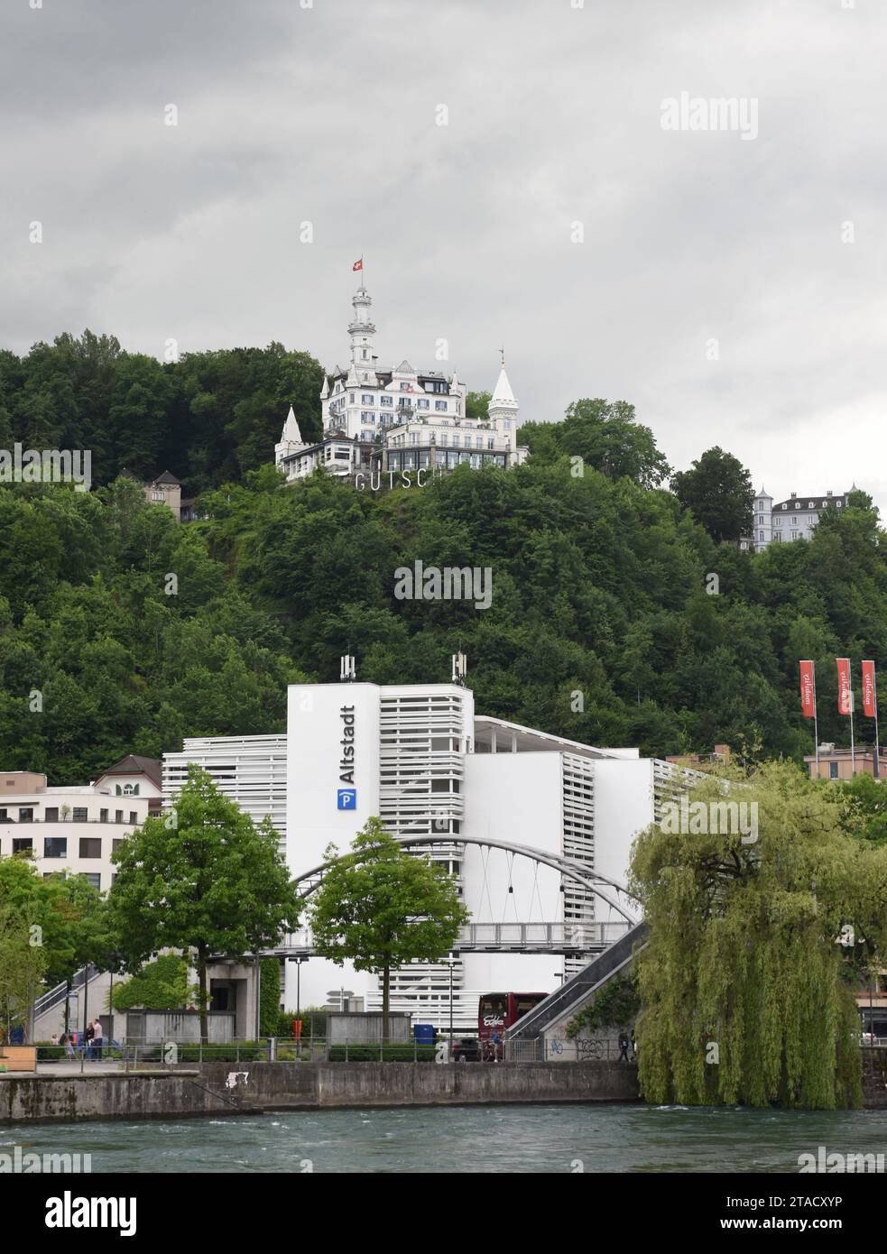Lucerne, Switzerland - June 04, 2017: Lucerne cityscape with Hote Chateau Gutsch, and ALTSTADT parking garage in Lucerne, Switzerland. Stock Photo