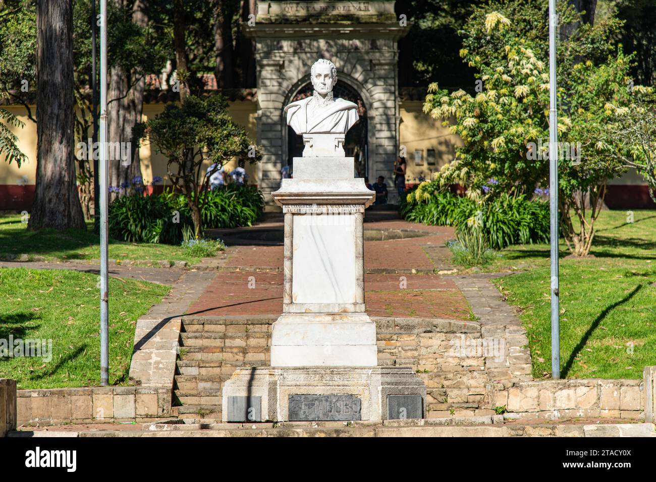 The marble sculpture memorial of Simón Bolívar outside the Quinta de Bolívar museum in Bogotá, Colombia Stock Photo