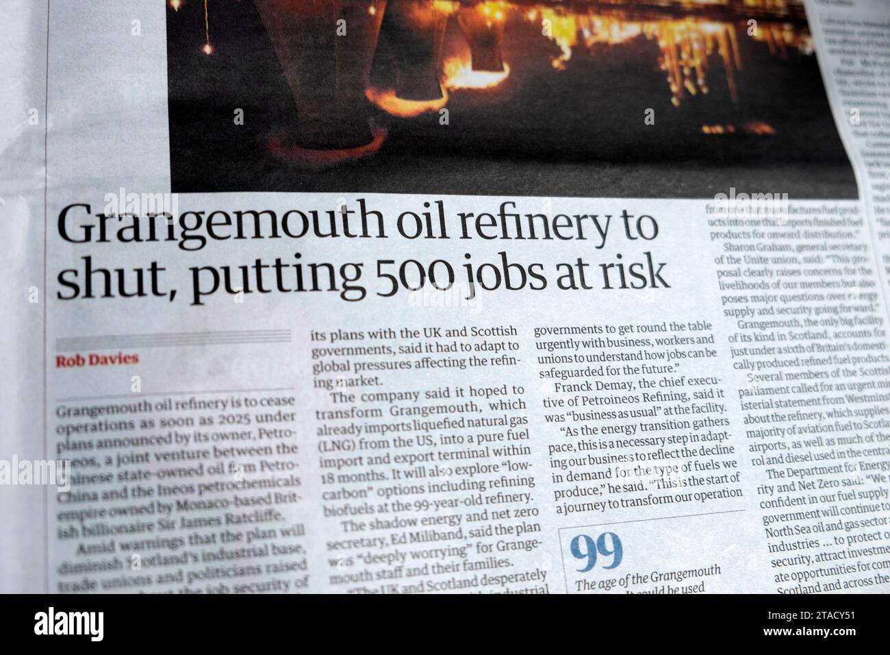 'Grangemouth oil refinery to shut, putting 500 jobs at risk' Guardian