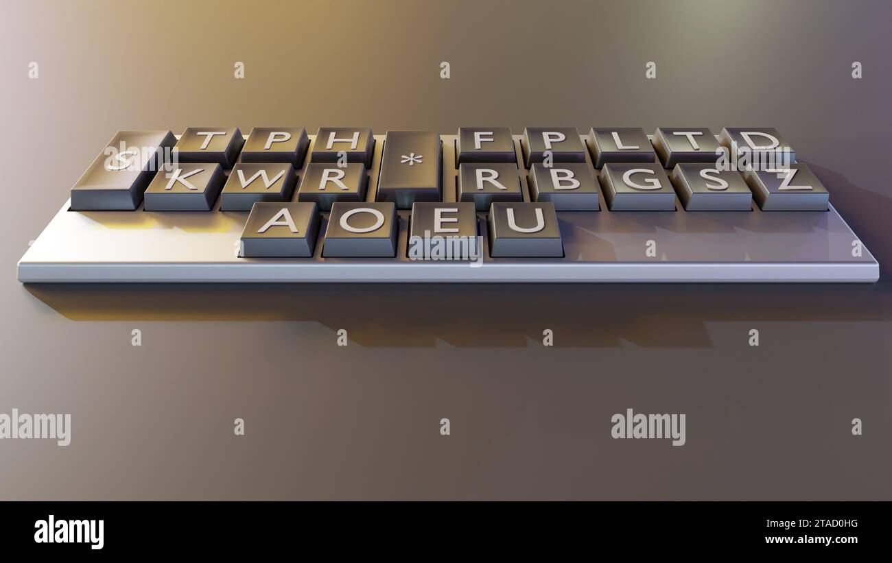 Closeup 3D rendering of a stenotype keyboard, also known as a