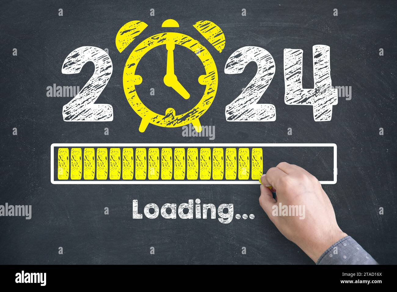 Human Hand Drawing New Year Concepts 2024 Countdown Clock on Chalkboard