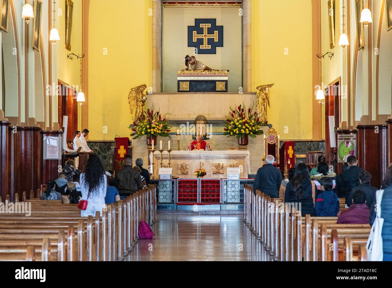 A service inside Montserrate Sanctuary church at the top of Montserrate mountain in Bogota, Colombia Stock Photo