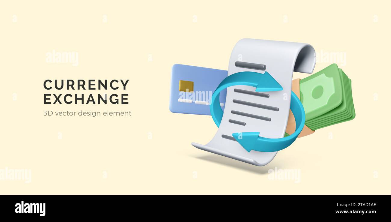 Exchange currency concept. Cash replenishment of bank account. Paper bill with arrows and credit card and dollars. Manage money. Vector illustration Stock Vector