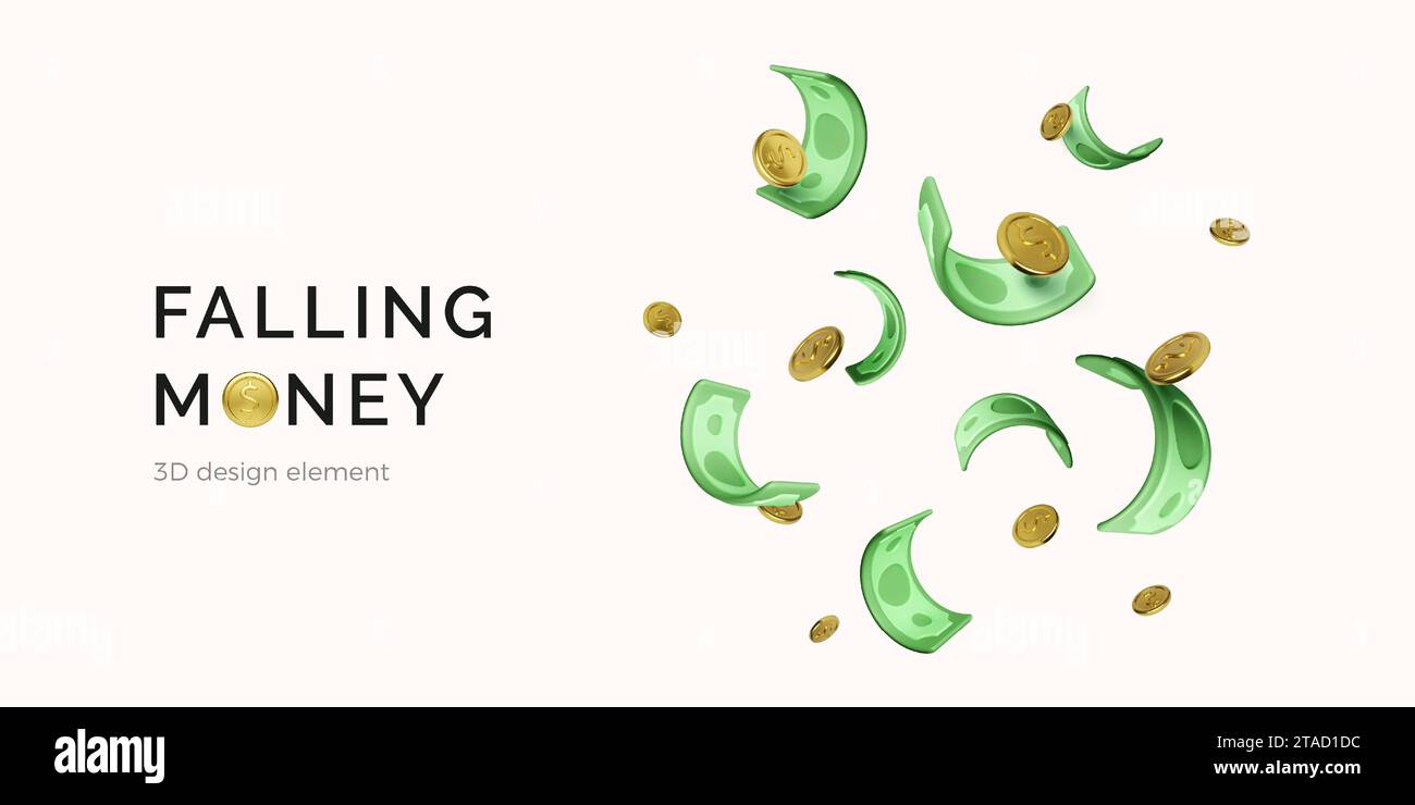 Falling money. 3D gold coins and green paper currency. Casino win or business success background. Realistic dollars. Cash in cartoon style. Vector ill Stock Vector