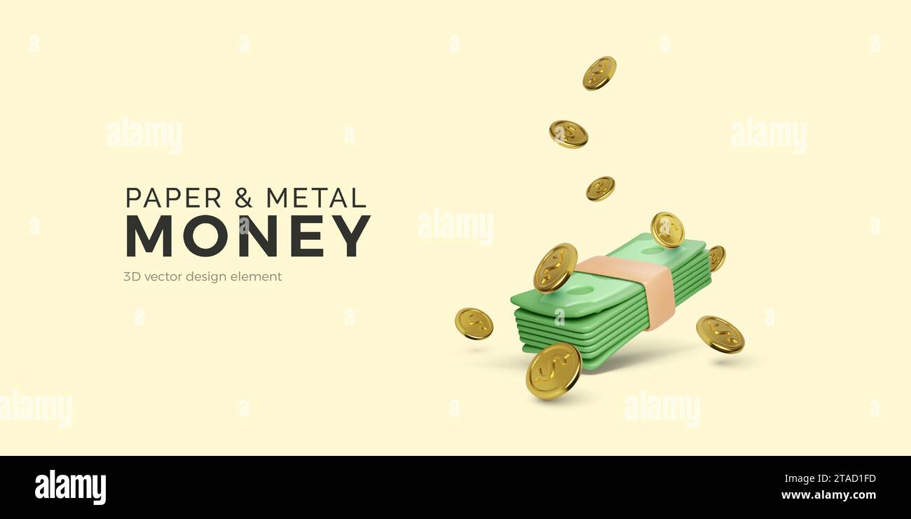 3D falling money. Gold coins with dollar symbol and green paper bundle of currency. Cartoon cash profit. Money management and success investment. Vect Stock Vector