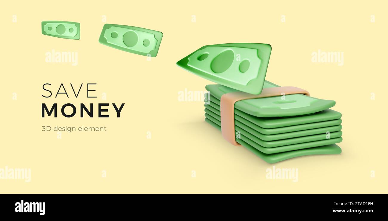 Manage money 3D concept. Green dollars fly to cash bundle. Cartoon business design element. Financial success. Vector illustration Stock Vector