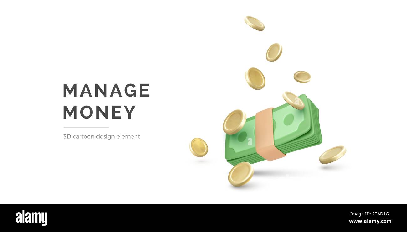 Money management and big income. 3D cartoon style wad of paper american dollars and falling gold coins. Vector illustration Stock Vector