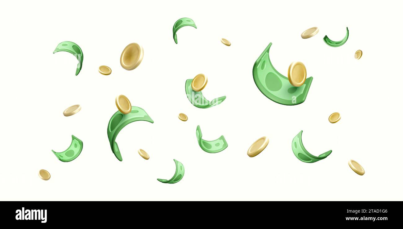 Falling money wallpaper. 3D dollars and coins stream. Financial success concept. Cartoon gold coins and green paper currency. Vector illustration Stock Vector