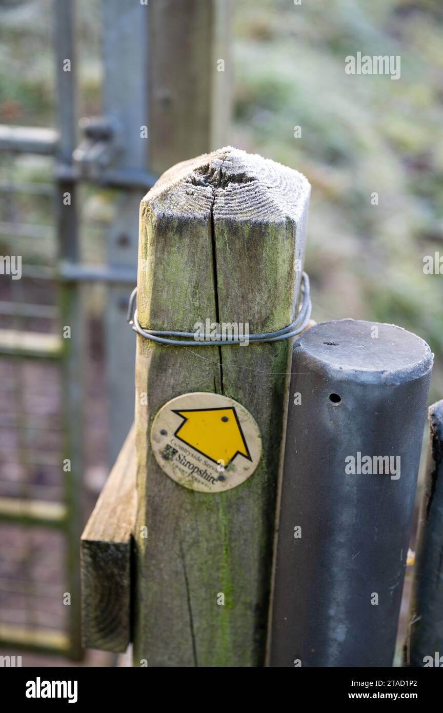 Shropshire Countryside Service sign on a gate post on a frosty morning. Stock Photo