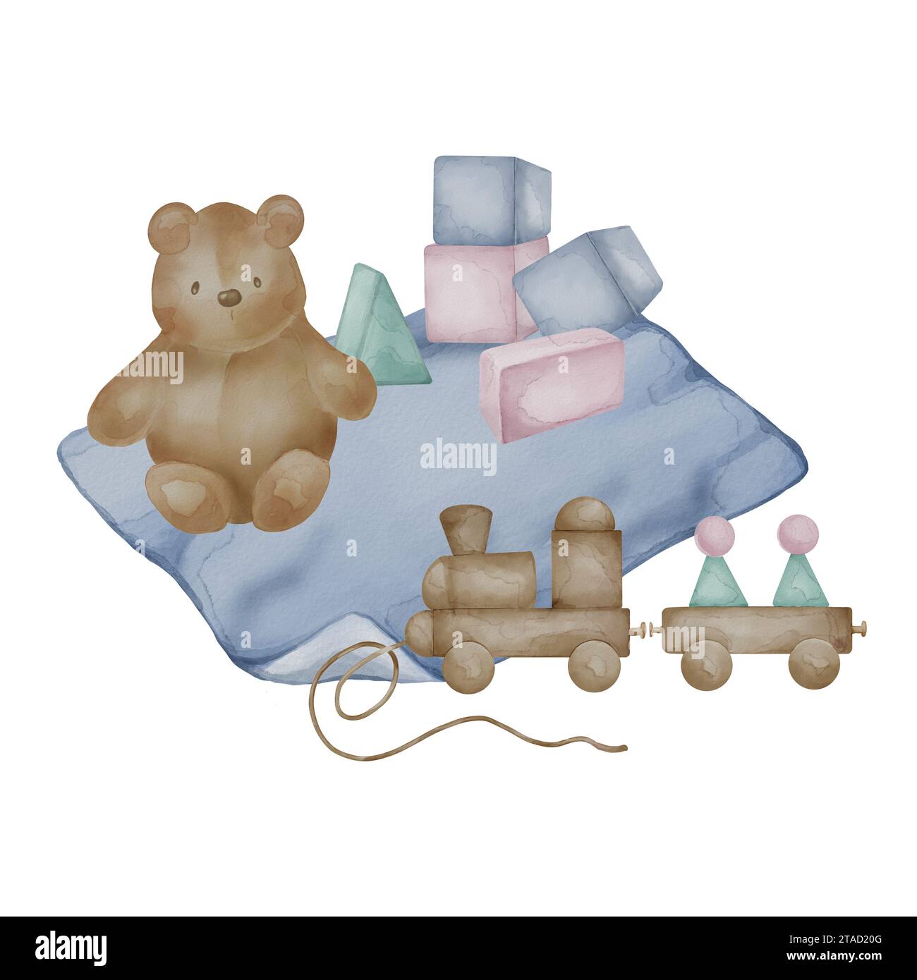 Illustration with teddy bear on baby blanket neutral colors isolated on white background. Hand drawn plush bear in pastel shades. Painted baby wooden Stock Photo