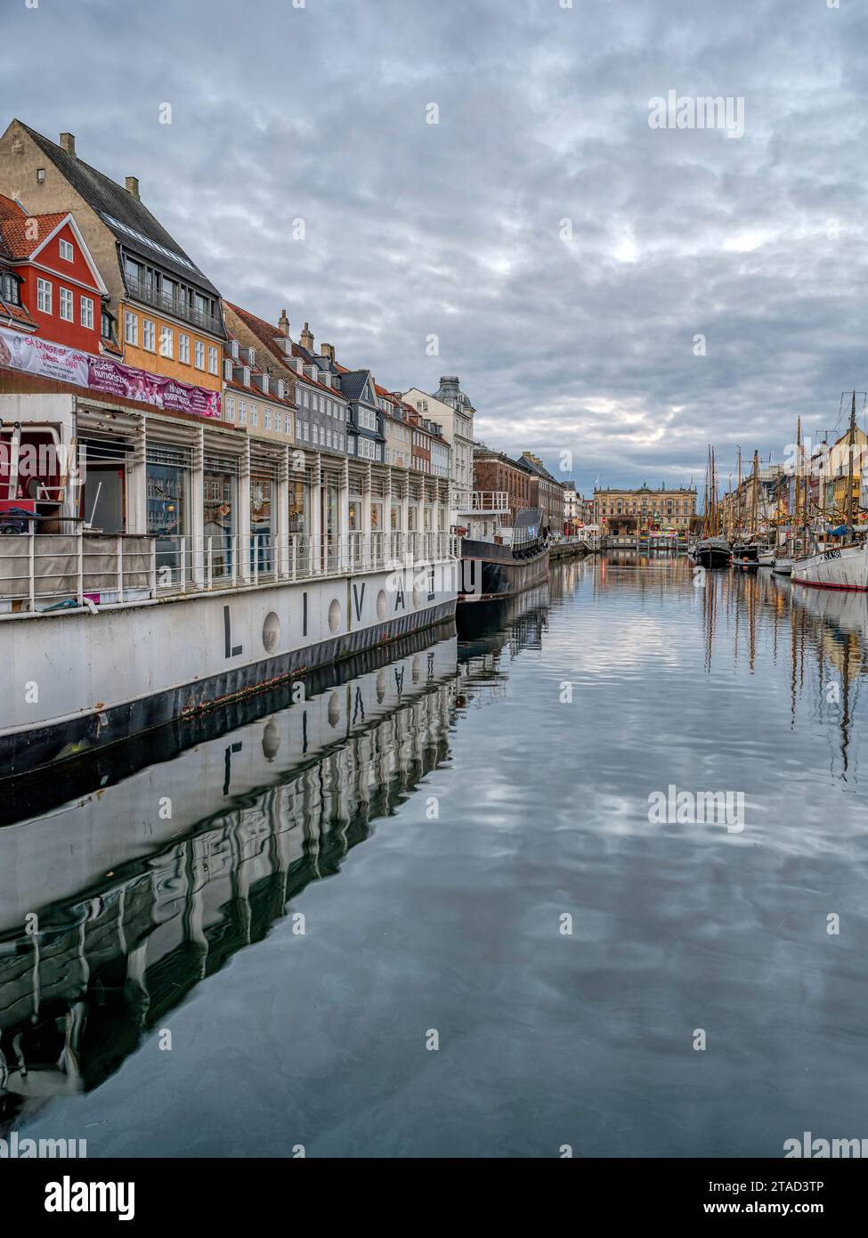 Copenhagen Nyhavn canal with Christmas decorated restaurant boats, November 25, 2023 Stock Photo
