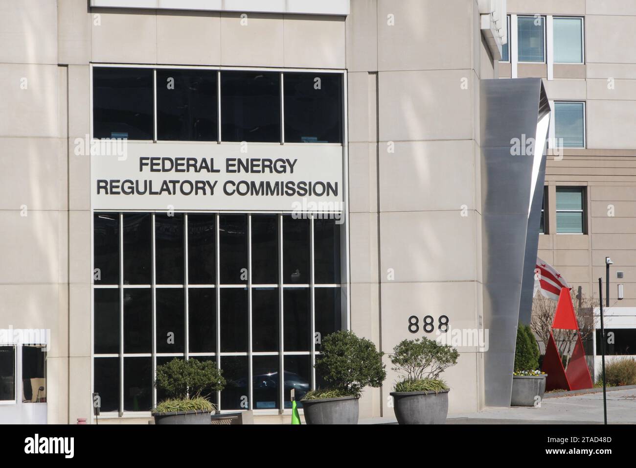 Exterior view and signage of the Federal Energy Regulatory Commission headquarters in NE Washington, D.C. on November 28, 2023. FERC is part of the U.S. Department of Energy and is composed of five commissioners who are nominated by the U.S. president and confirmed by the U.S. Senate. FERC regulates the transmission and wholesale sale of electricity and natural gas in interstate commerce, as well as regulates the transmission of oil by pipeline in interstate commerce. (Photo by Carlos Kosienski/Sipa USA) Stock Photo
