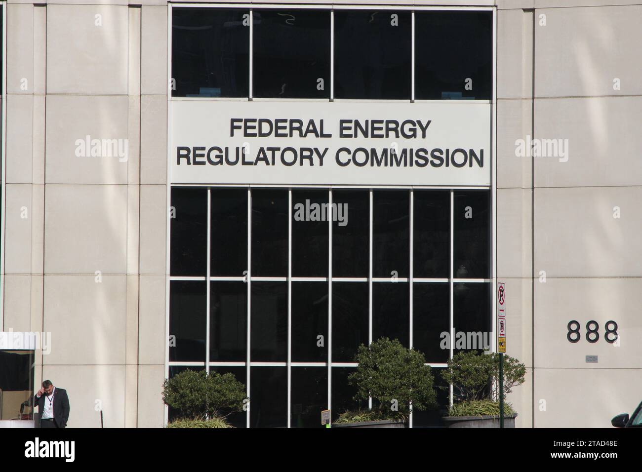 Exterior view and signage of the Federal Energy Regulatory Commission headquarters in NE Washington, D.C. on November 28, 2023. FERC is part of the U.S. Department of Energy and is composed of five commissioners who are nominated by the U.S. president and confirmed by the U.S. Senate. FERC regulates the transmission and wholesale sale of electricity and natural gas in interstate commerce, as well as regulates the transmission of oil by pipeline in interstate commerce. (Photo by Carlos Kosienski/Sipa USA) Stock Photo