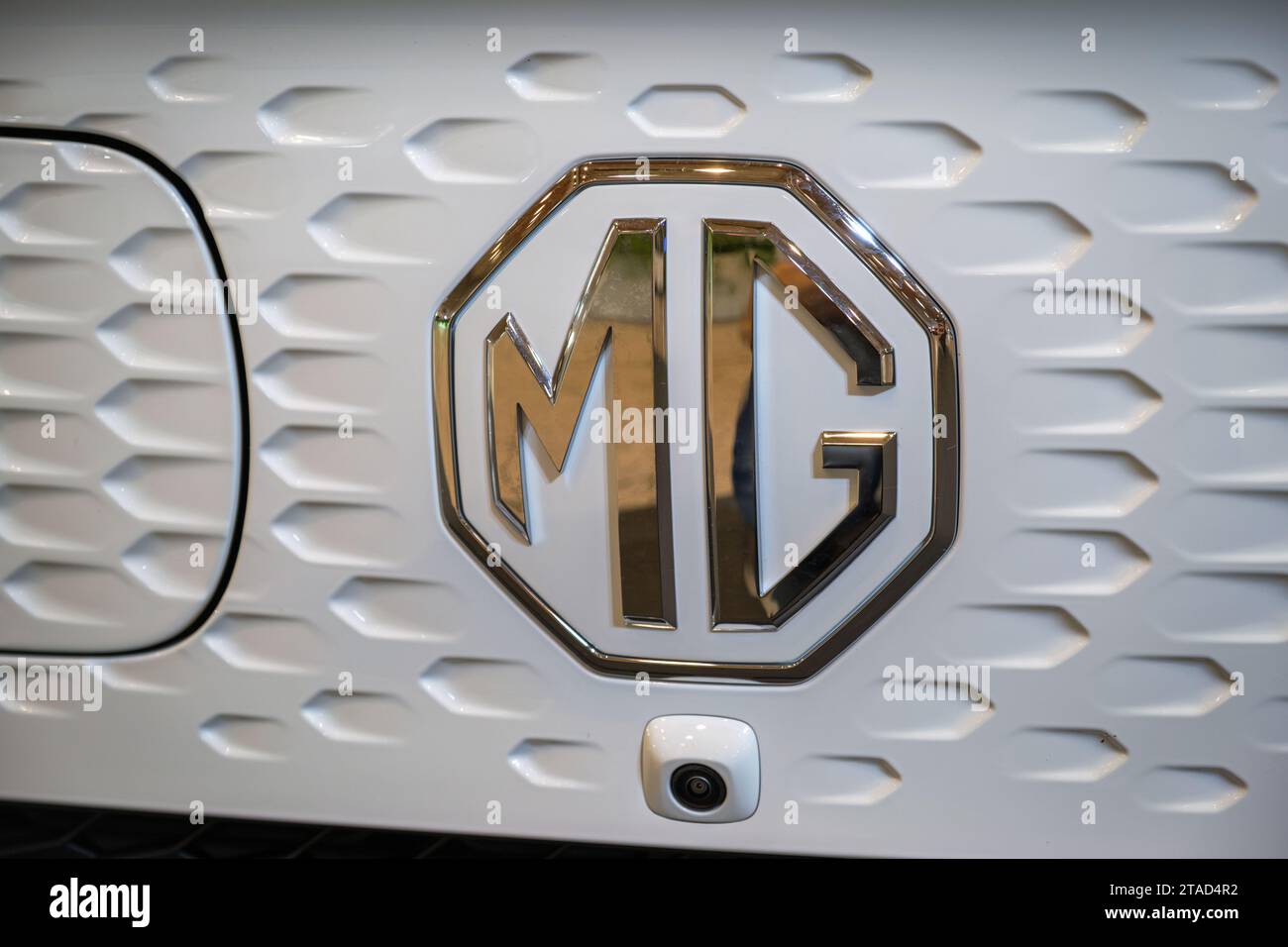 MG electric car logo emblem close up Stock Photo Alamy