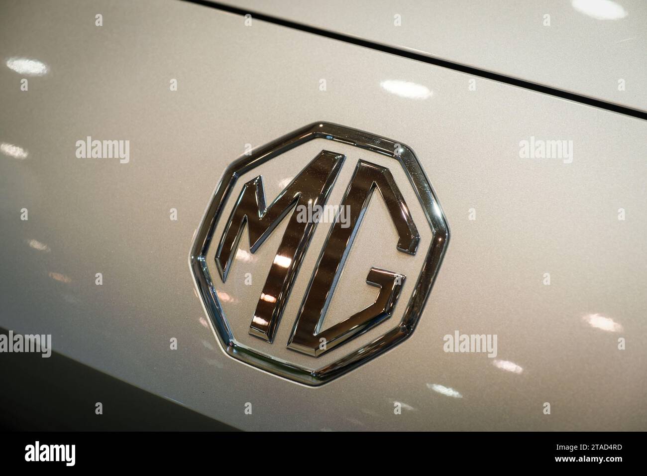 MG electric car logo emblem close up Stock Photo Alamy