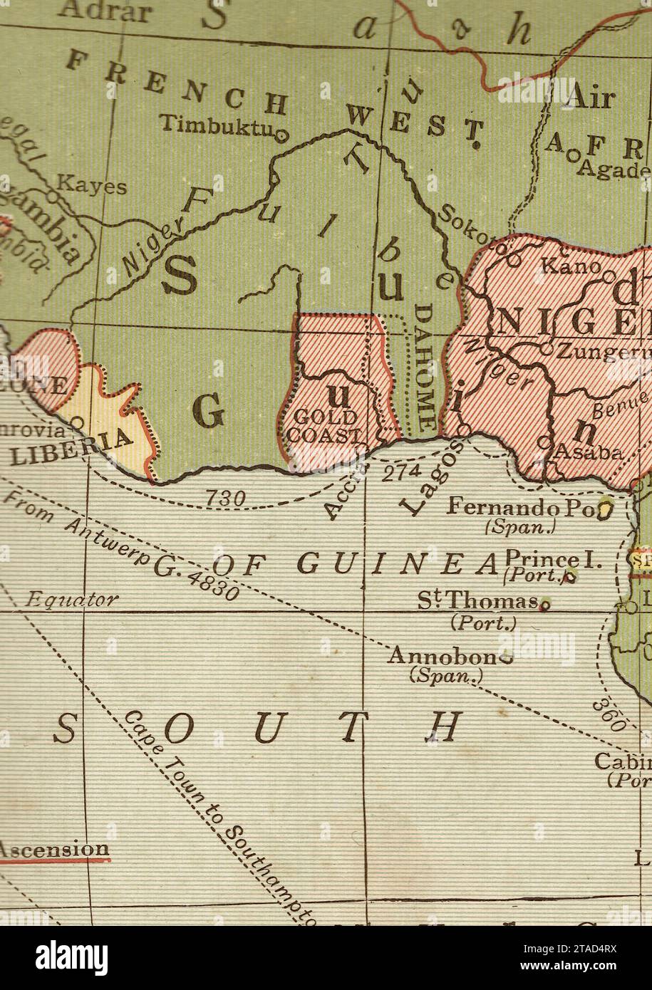 A vintage/antique political map of Gold Coast and Liberia, Africa in sepia. Stock Photo