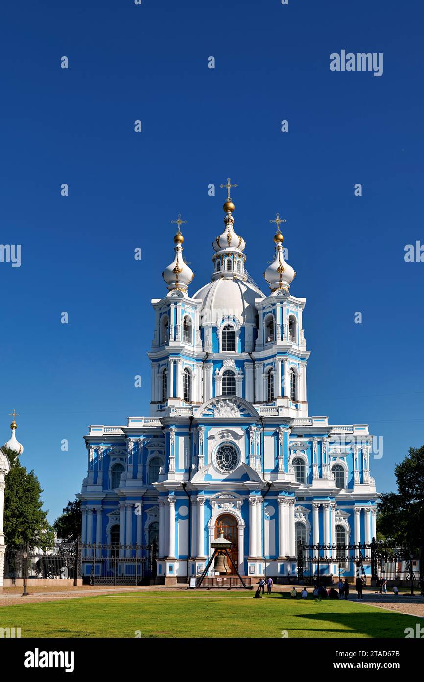 St. Petersburg Russia. Smolny Convent or Smolny Convent of the Resurrection is located on Ploschad Rastrelli, on the bank of the River Neva in Saint P Stock Photo