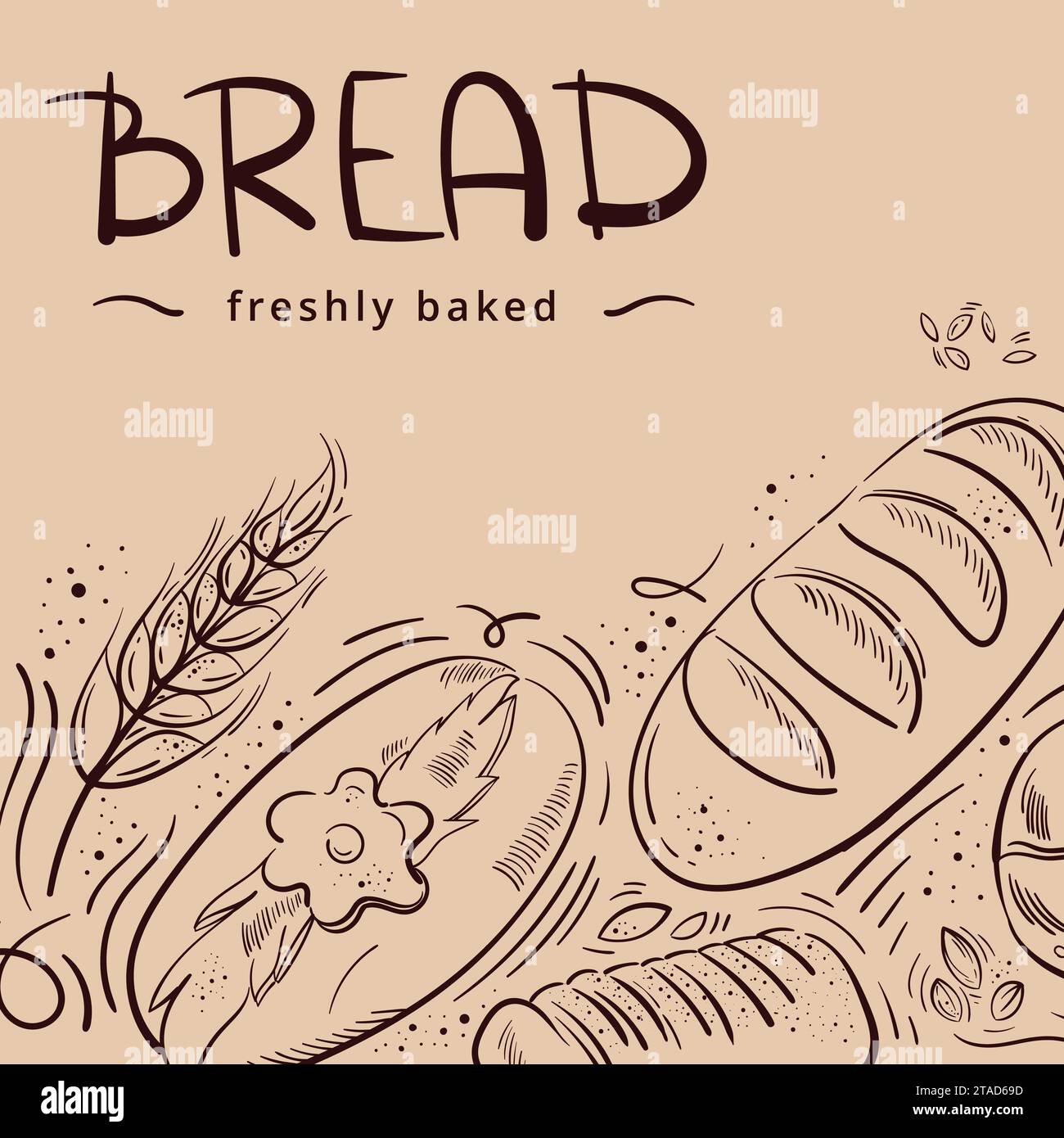 Bakery background. Linear graphic. Bread and pastry collection. Bread house. Vector illustration