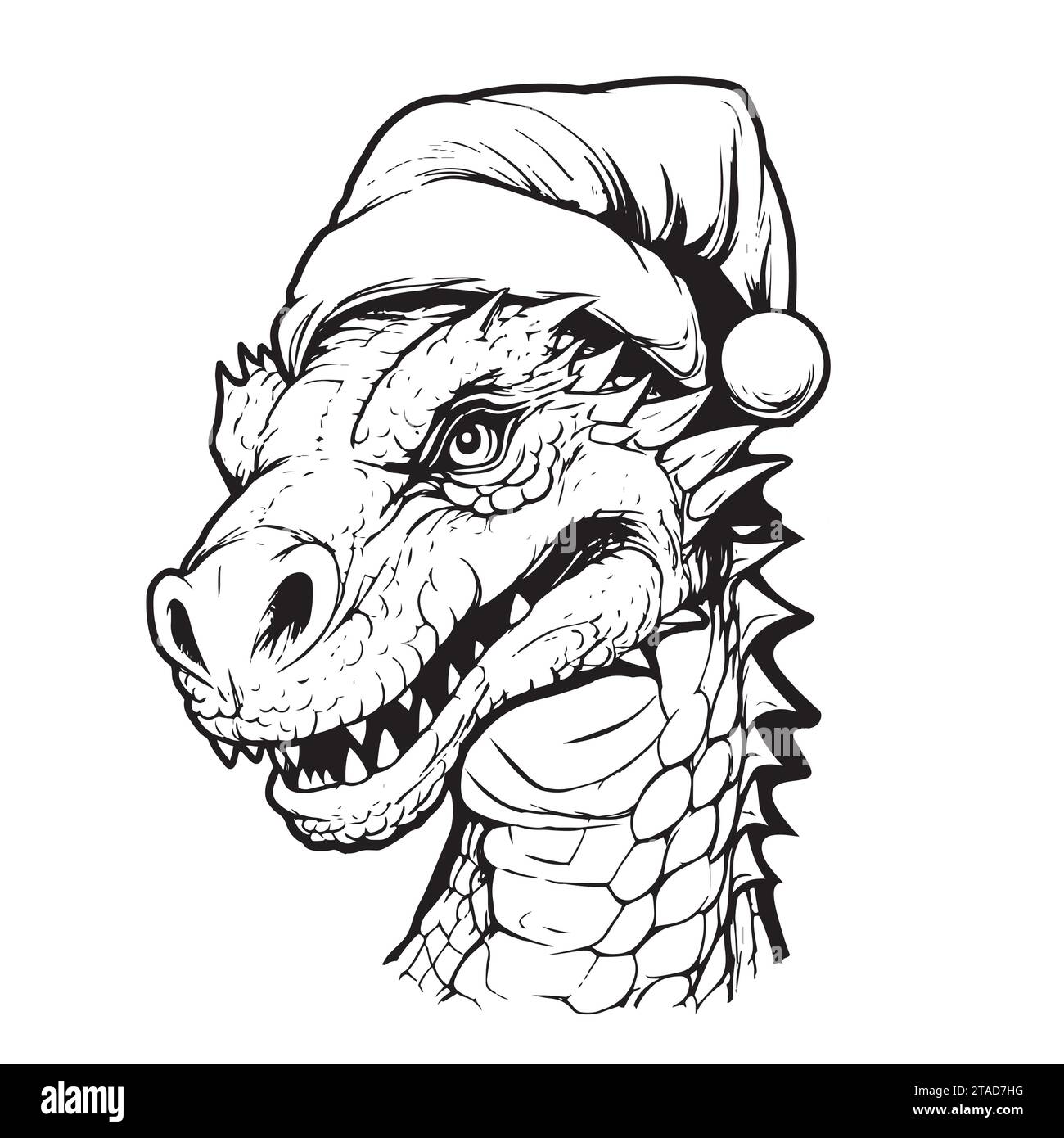 Cute little dragon. Coloring book for children. Baby Dragon wearing a Santa hat. Cartoon vector winter character illustration. Stock Vector