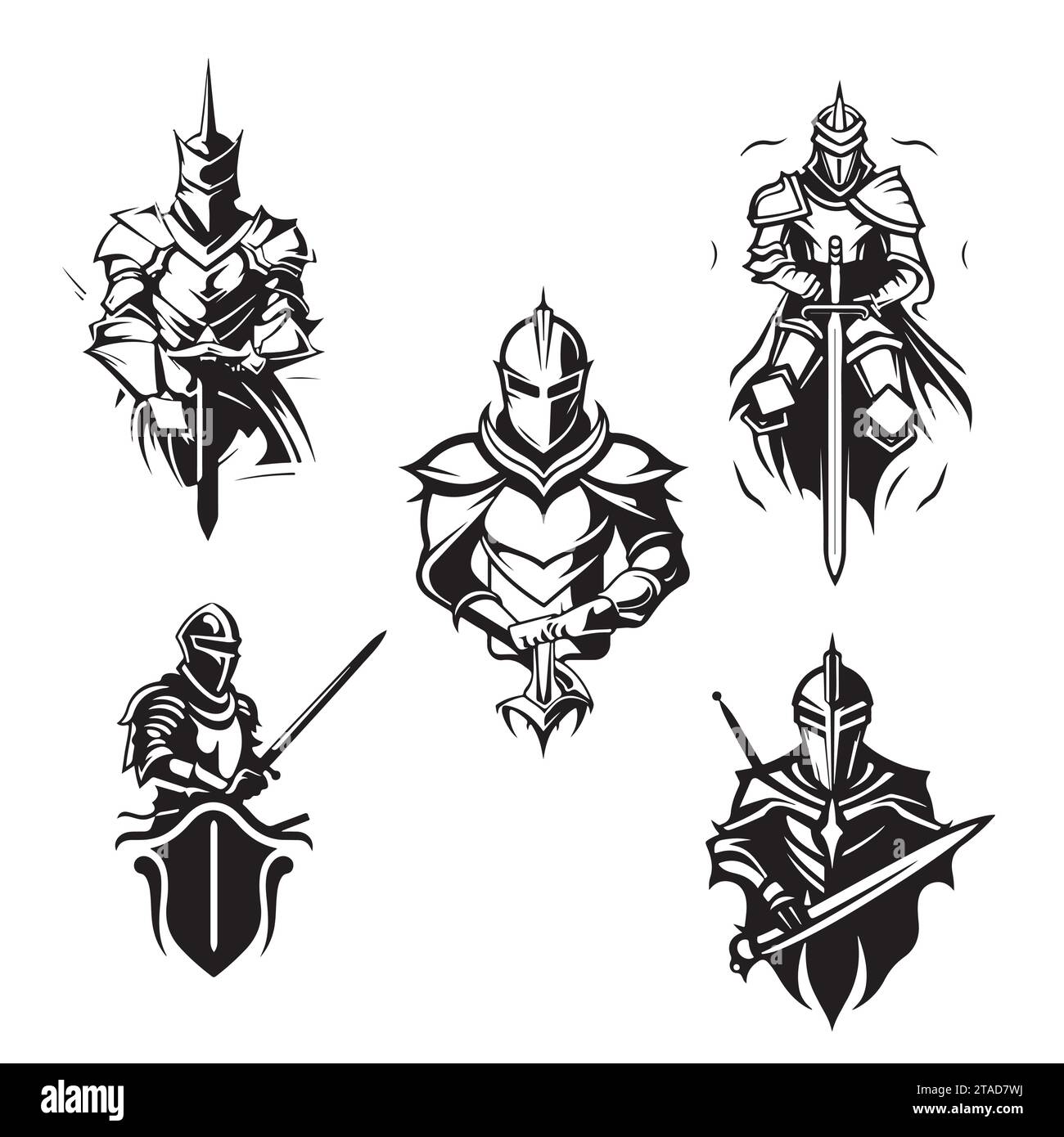 Set of monochrome knights emblems, badges, labels and logos medieval helmet, swords, mace, daggers shield antique vintage symbol , engraved hand drawn in sketch or wood cut style, old looking retro Stock Vector