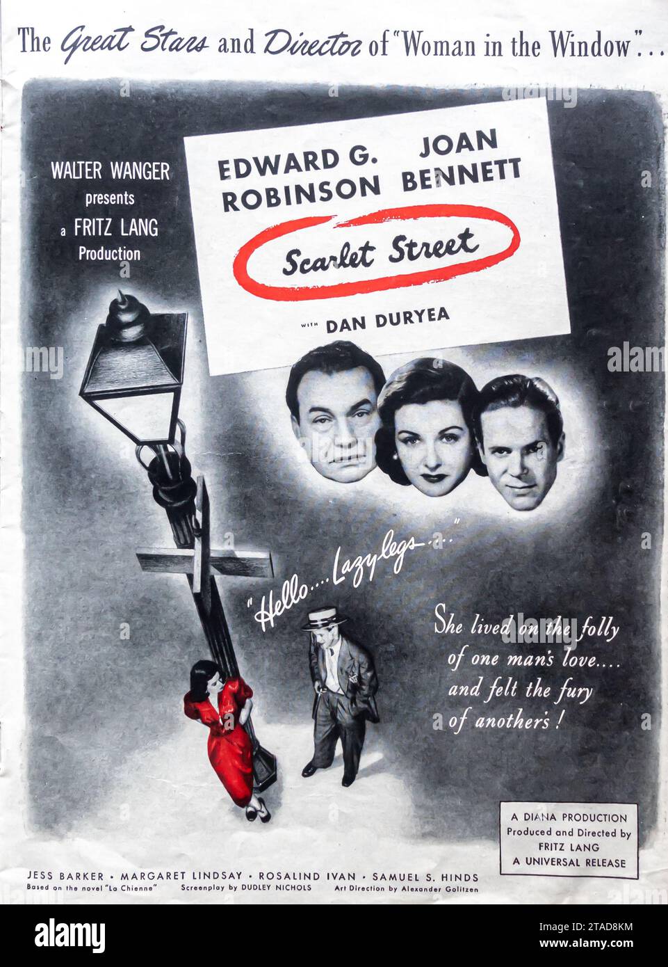 Scarlet Street 1945 ‧ Noir Crime film promotion; directed by Fritz Lang starring Edward G Robinson and Joan Bennett Stock Photo