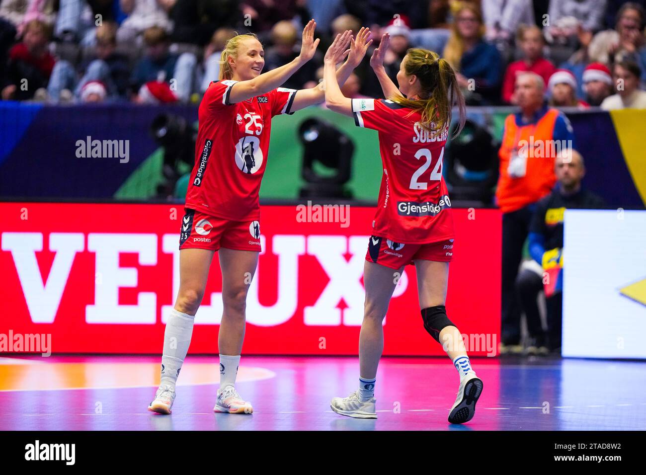 Stavanger 20231129.Norway's Henny Ella Reistad (left) and Sanna Solberg- Isaksen during the World Championship group stage match between Norway and  Greenland in DNB Arena. Photo: Beate Oma Dahle / NTB Stock Photo -
