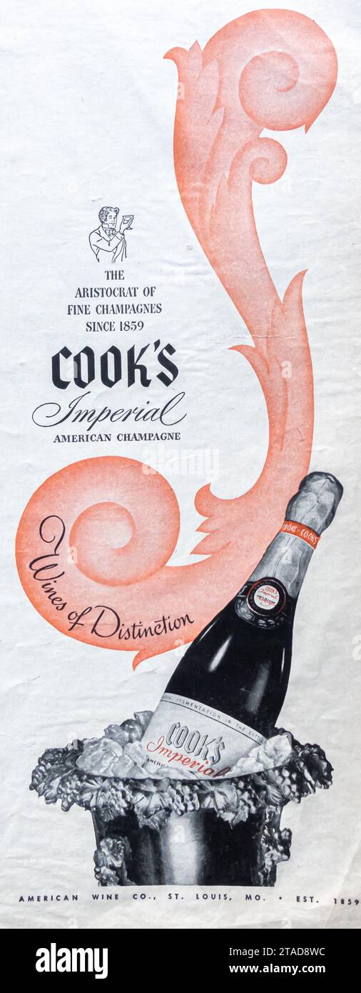 1945 Cook's Imperial American champagne ad. St Louis Mo Stock Photo