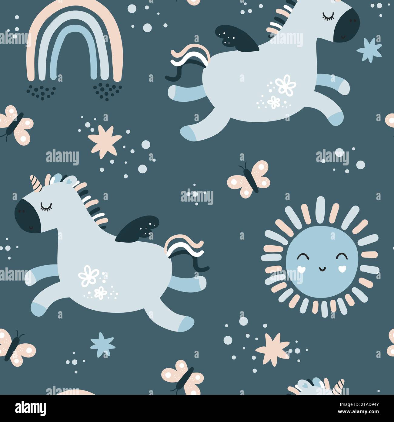 Cute childish seamless repeating childish pattern with cute unicorns  Stock Vector