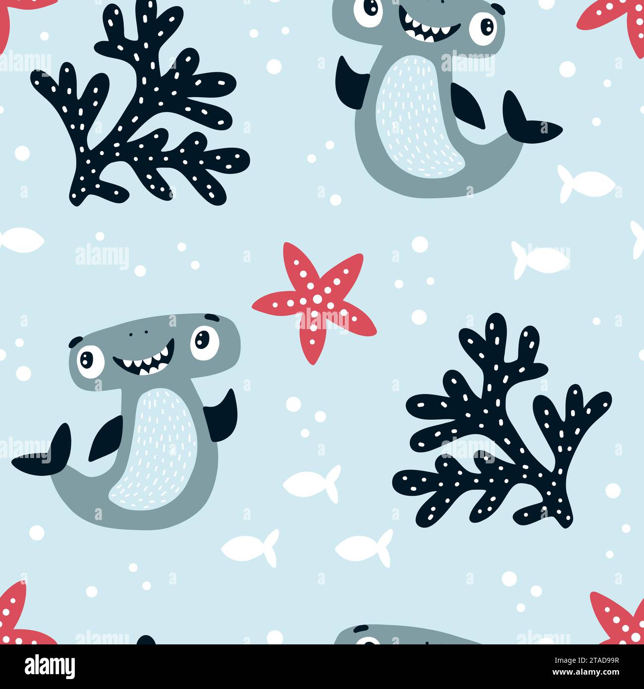Vector hand-drawn colored childish seamless repeating simple flat pattern with hammerhead sharks.  Stock Vector