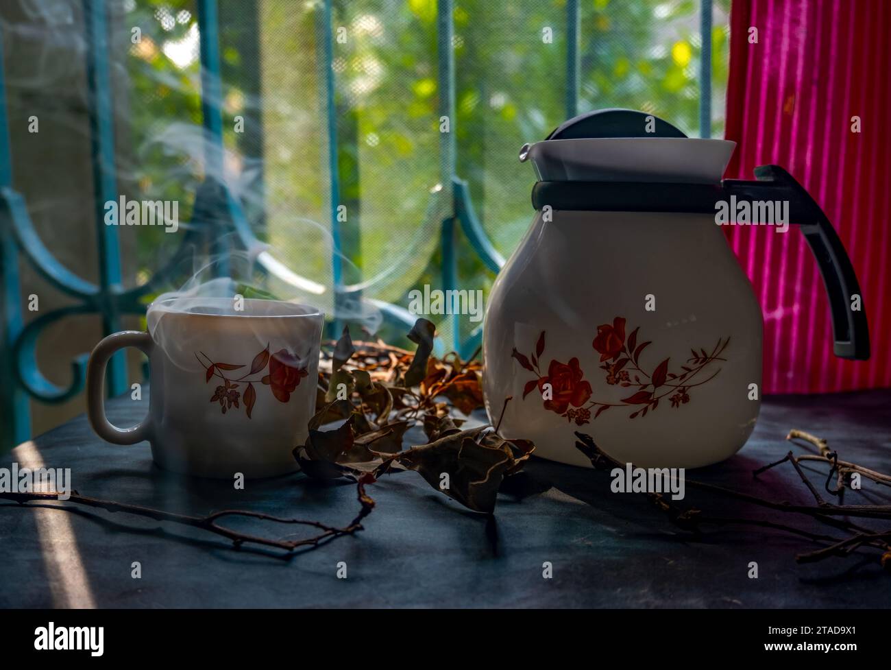 Natural light falls on the table from outside the window. Stock Photo