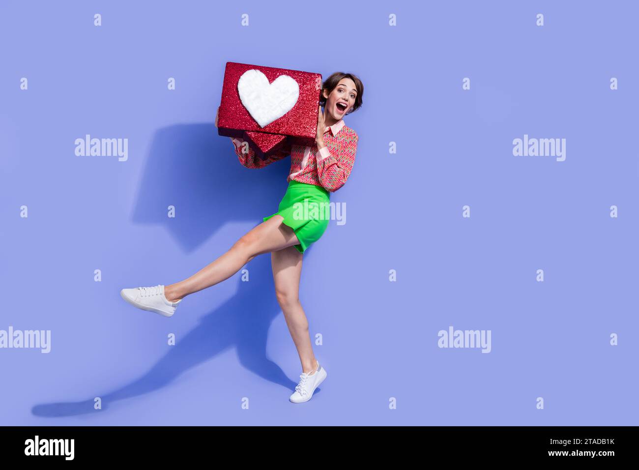 Full size photo of impressed funky woman dressed print shirt holding