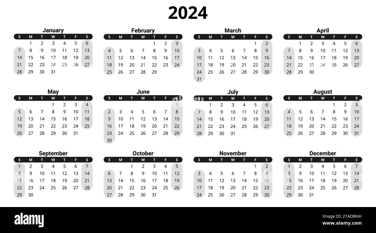 2024 english calendar, horizontal. Week starts sunday. Printable vector