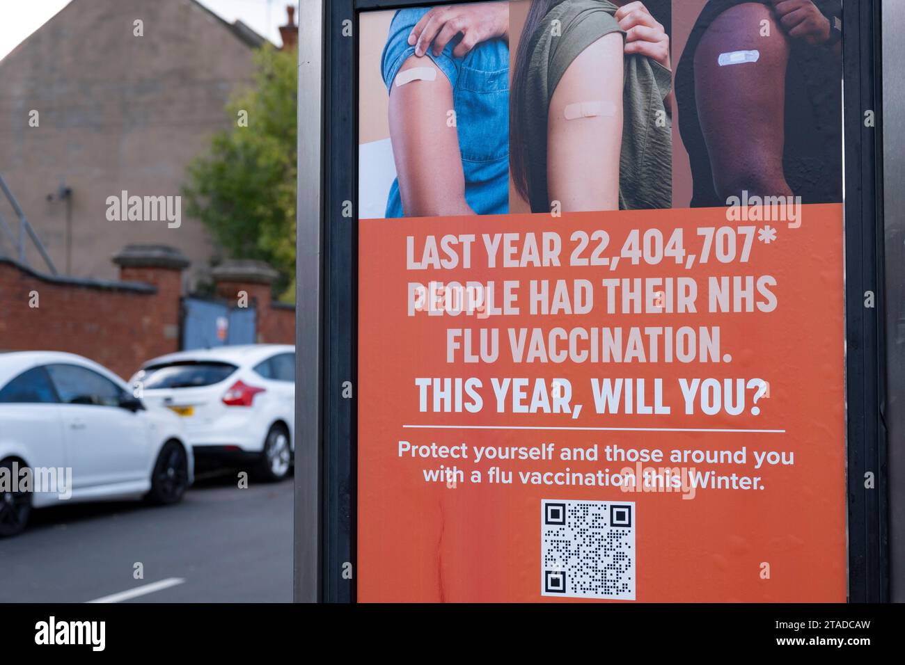 Flu jabs vaccination advert on 7th November 2023 in Birmingham, United Kingdom. It is standard procedure each year for the NHS to offer Influenza vaccines. Stock Photo