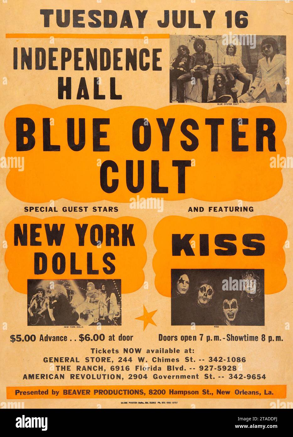 KISS, New York Dolls, Blue Oyster Cult - 1974 Baton Rouge, LA Globe Concert Poster. Indepence Hall. Stock Photo