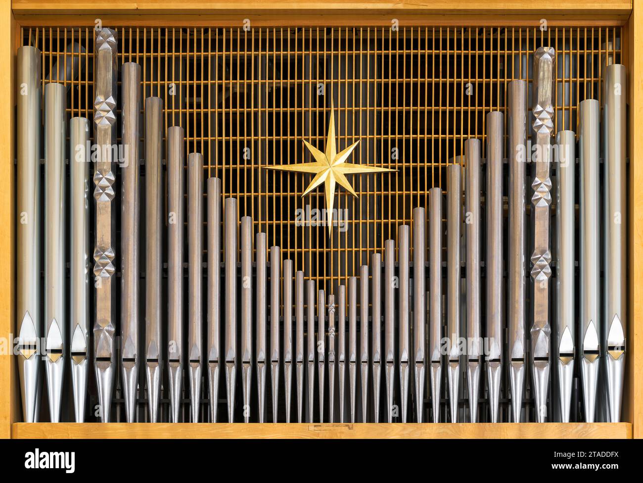 Closeup of pipe organ in rear of the modern St Peter's Lutheran Church in Columbus, Indiana Stock Photo