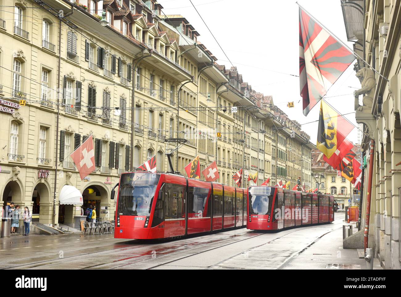 Bern, Switzerland - June 04, 2017: Tram in old city center of Bern. Stock Photo