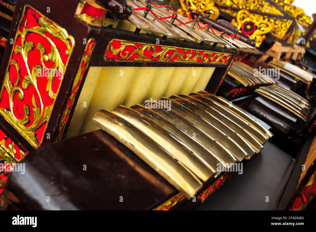 Gamelan is a traditional percussion musical instrument from Java, Indonesia made from brass plates lined up to form notes Stock Photo