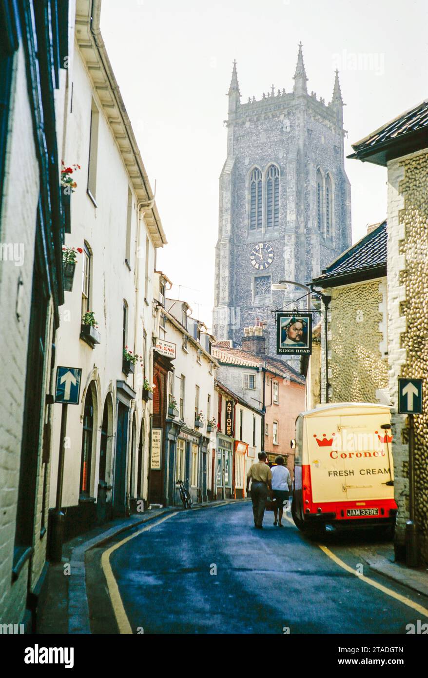 View of church down High Street, Cromer, Norfolk, England, UK, 1969 Stock Photo
