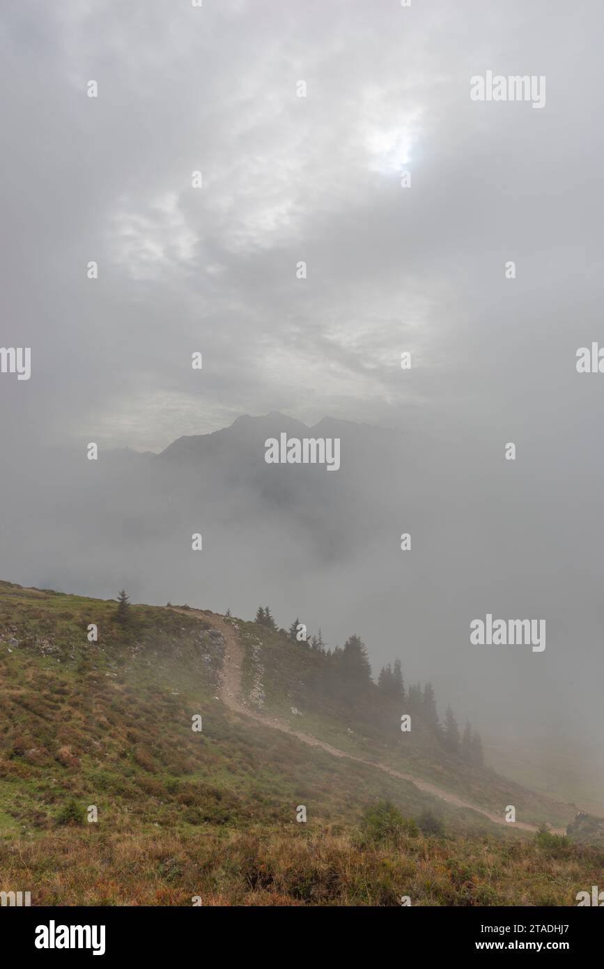 Clouds coming up from the Zillertal Valley, Penkenjoch (2095m),  Finkenberg,community Zillertal Alps, Tyrol, Austria Stock Photo