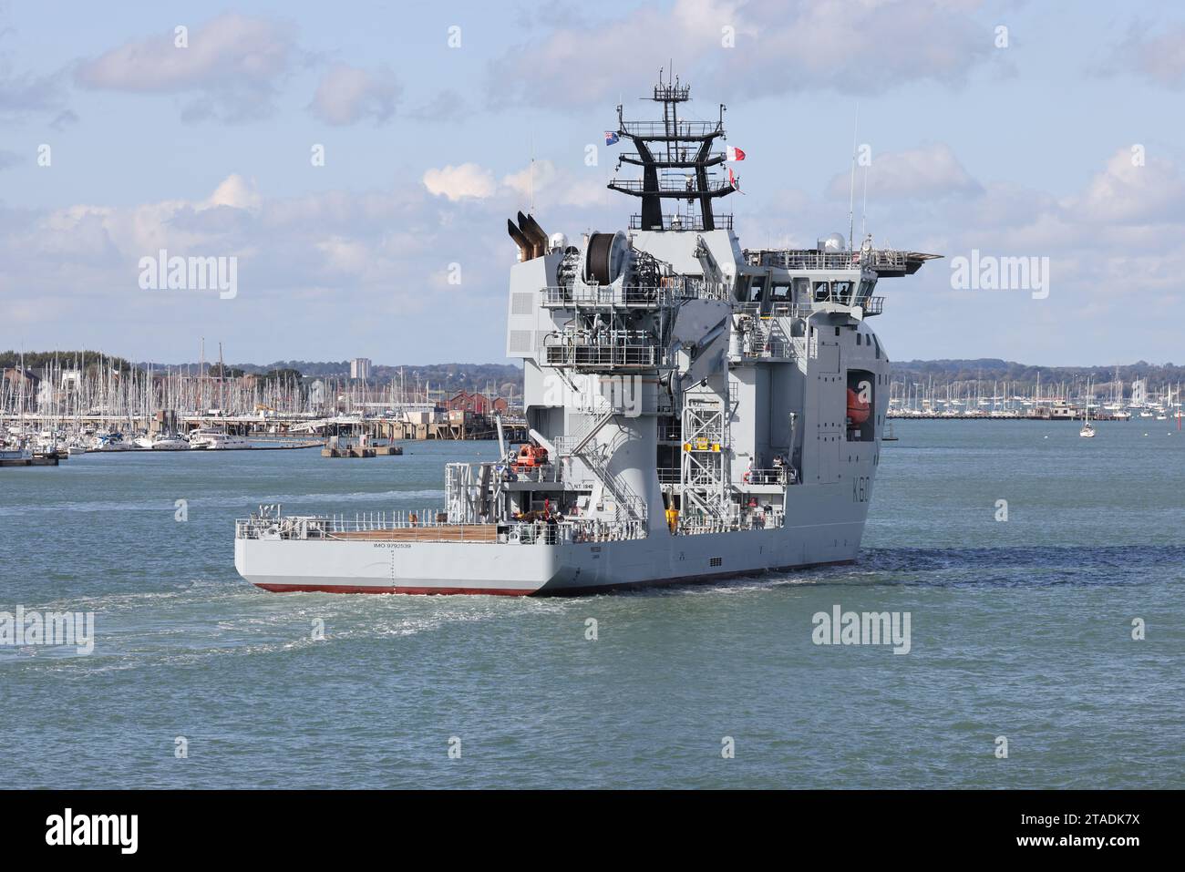 The Royal Fleet Auxiliary’s latest ship RFA PROTEUS moves slowly towards a berth in the Naval Base Stock Photo